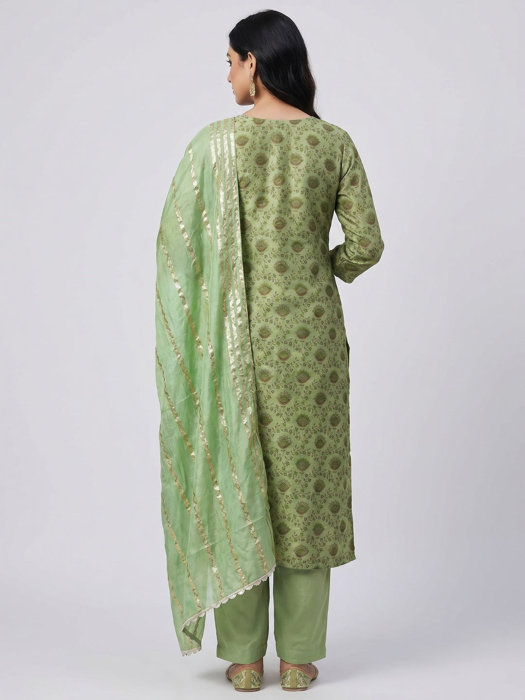 Green Printed With Handwork Modal Dress Material - Image 2