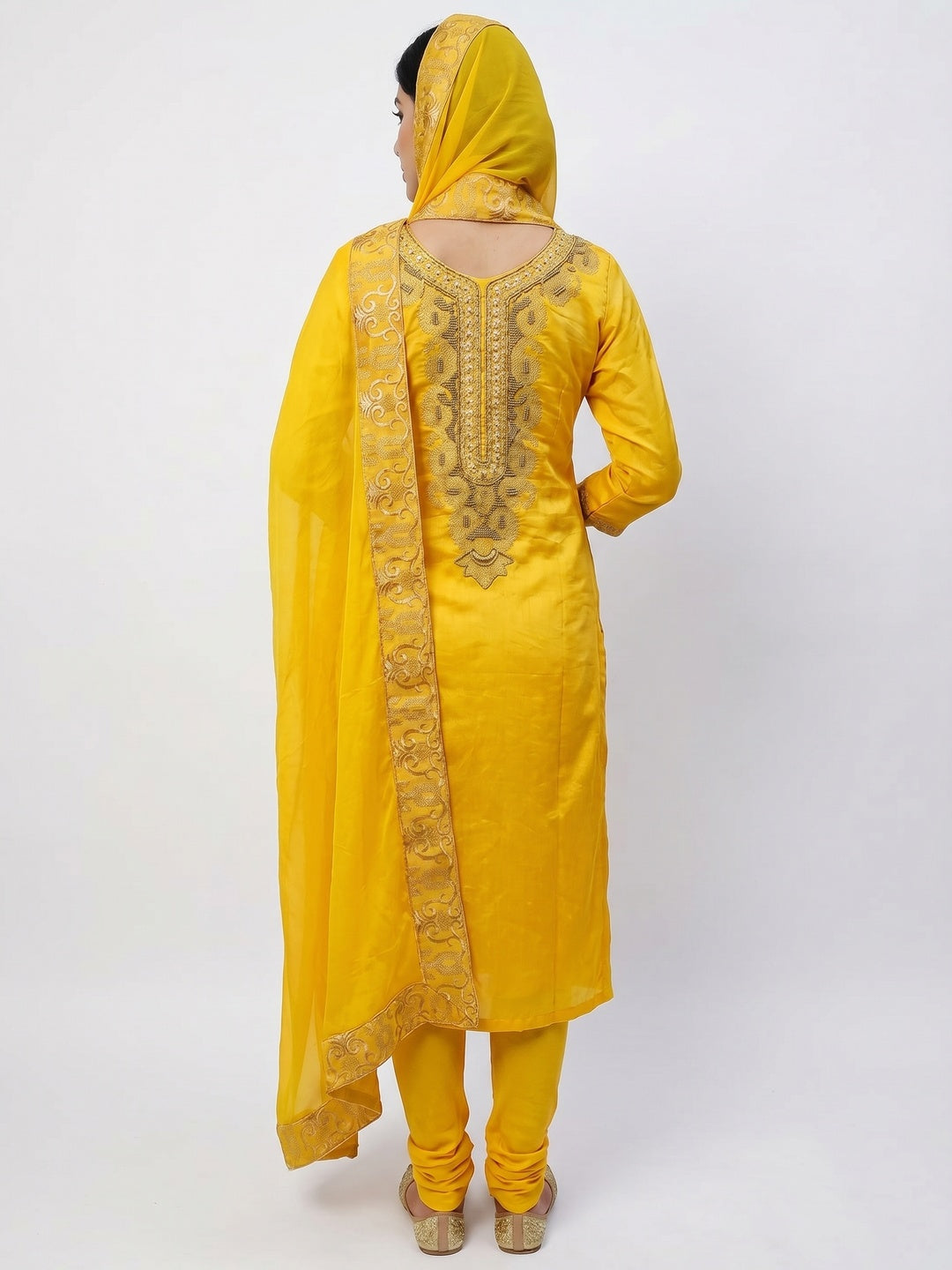 Yellow Handwork Embroidered Modal Dress Material - Image 3