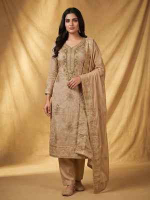 Light Brown Handwork Embroidered Modal Dress Material - Image 1