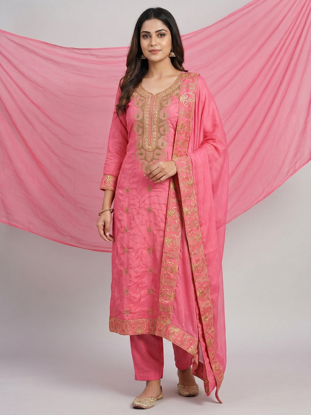 Pink Handwork Embroidered Modal Dress Material - Image 1