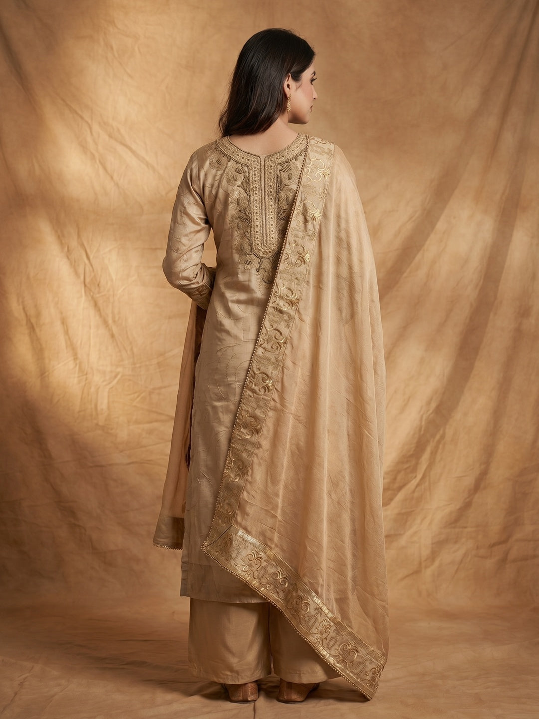 Light Brown Handwork Embroidered Modal Dress Material - Image 2