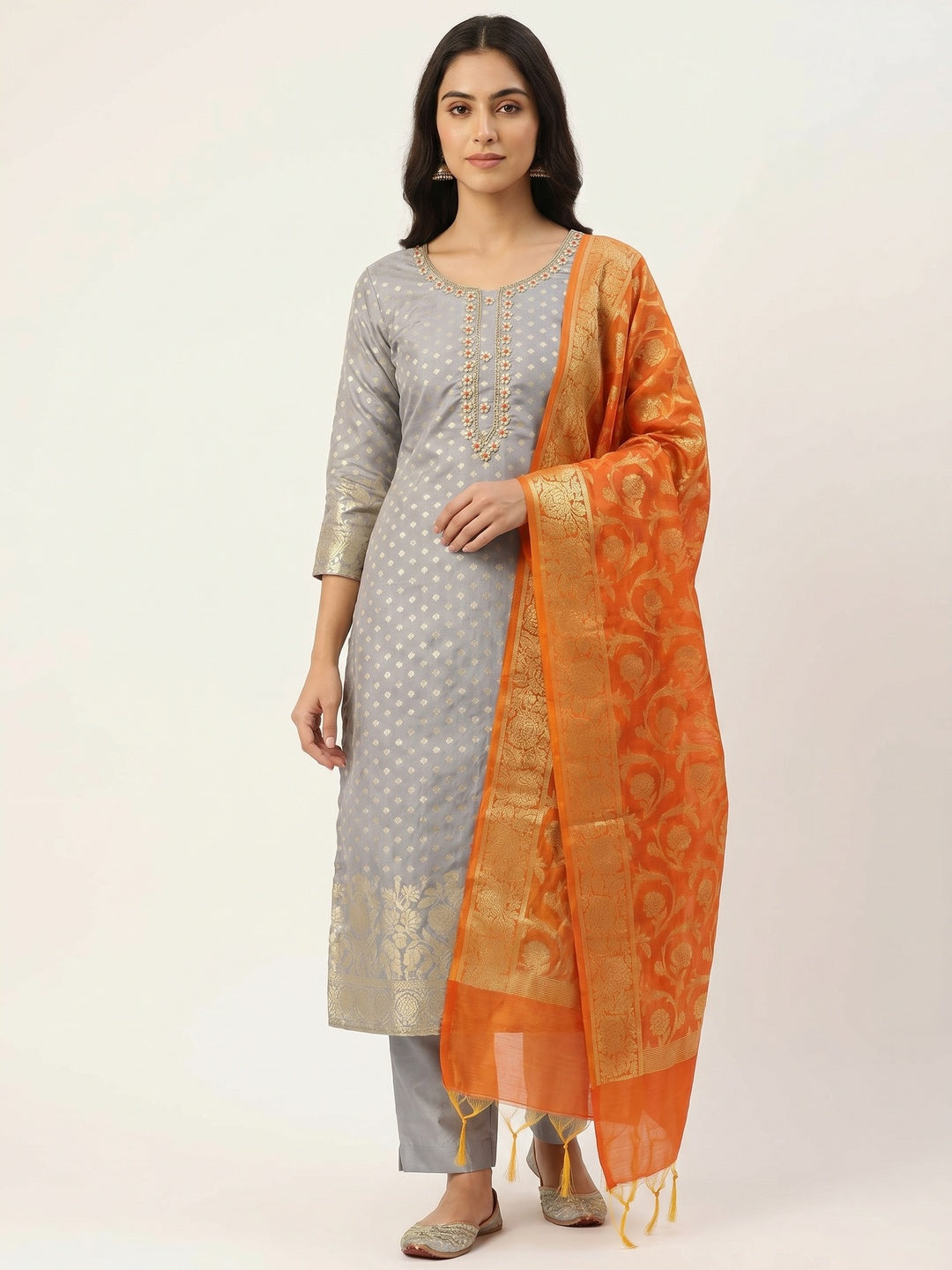 Grey Woven Banarasi Silk Dress Material - Image 1
