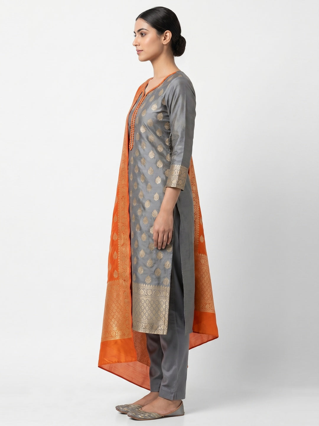 Grey Woven Banarasi Silk Dress Material - Image 3