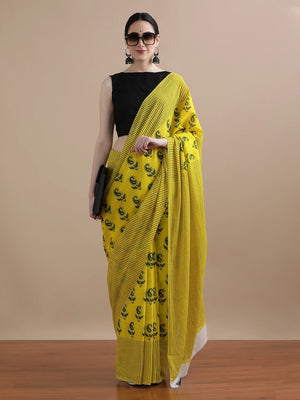 Peachmode Yellow Linen Cotton Saree with Paisley Print - Image 1