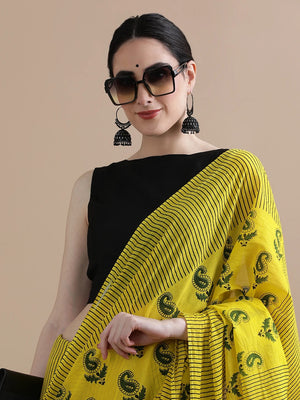 Peachmode Yellow Linen Cotton Saree with Paisley Print - Image 2
