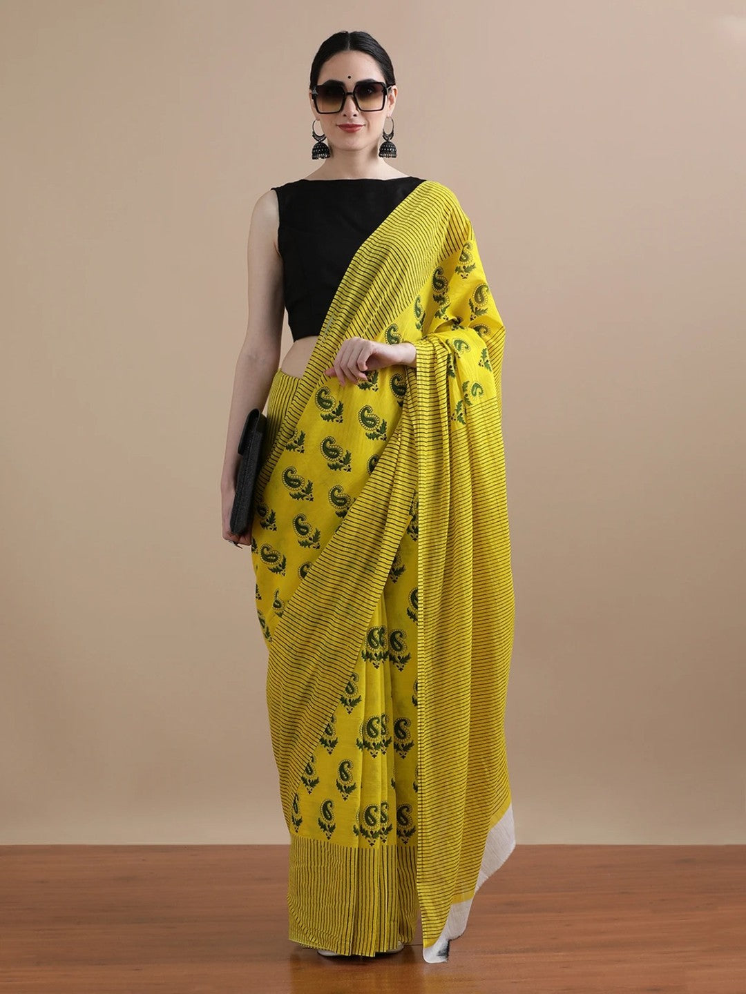 Peachmode Yellow Linen Cotton Saree with Paisley Print - Image 4
