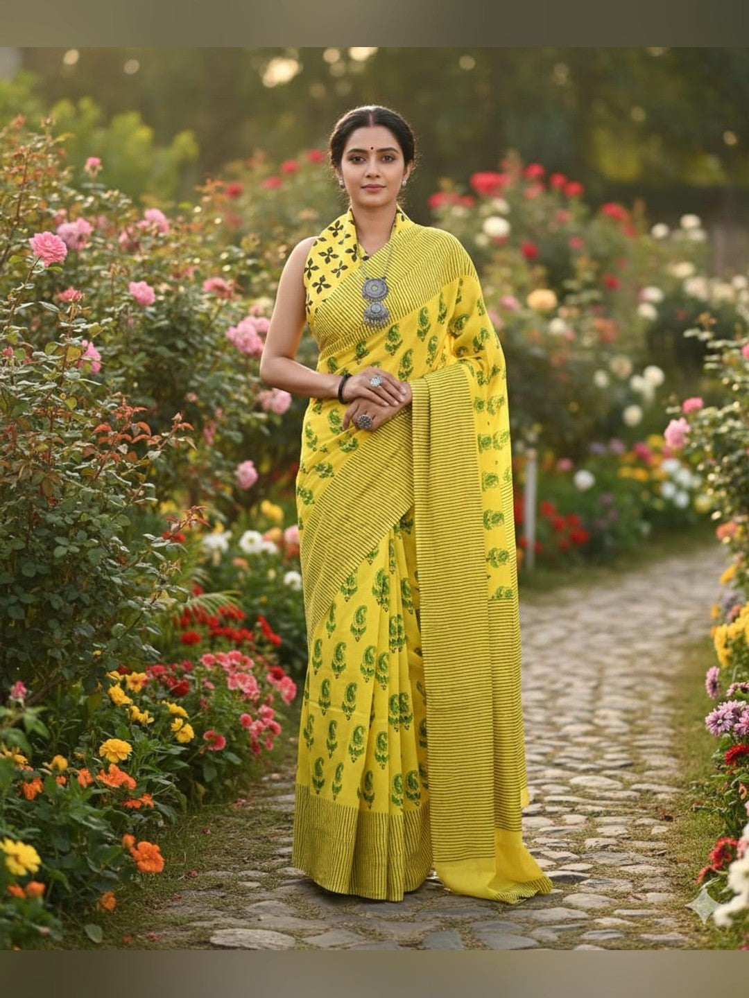 Peachmode Cream Linen Cotton Saree with Ethnic Print - Image 1