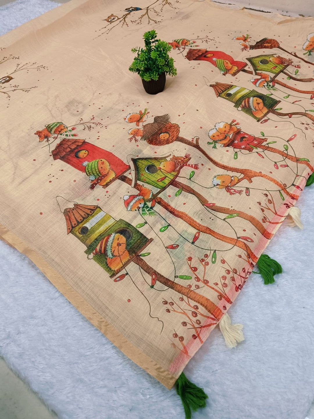 Peachmode Cream Linen Cotton Saree with Ethnic Print - Image 2