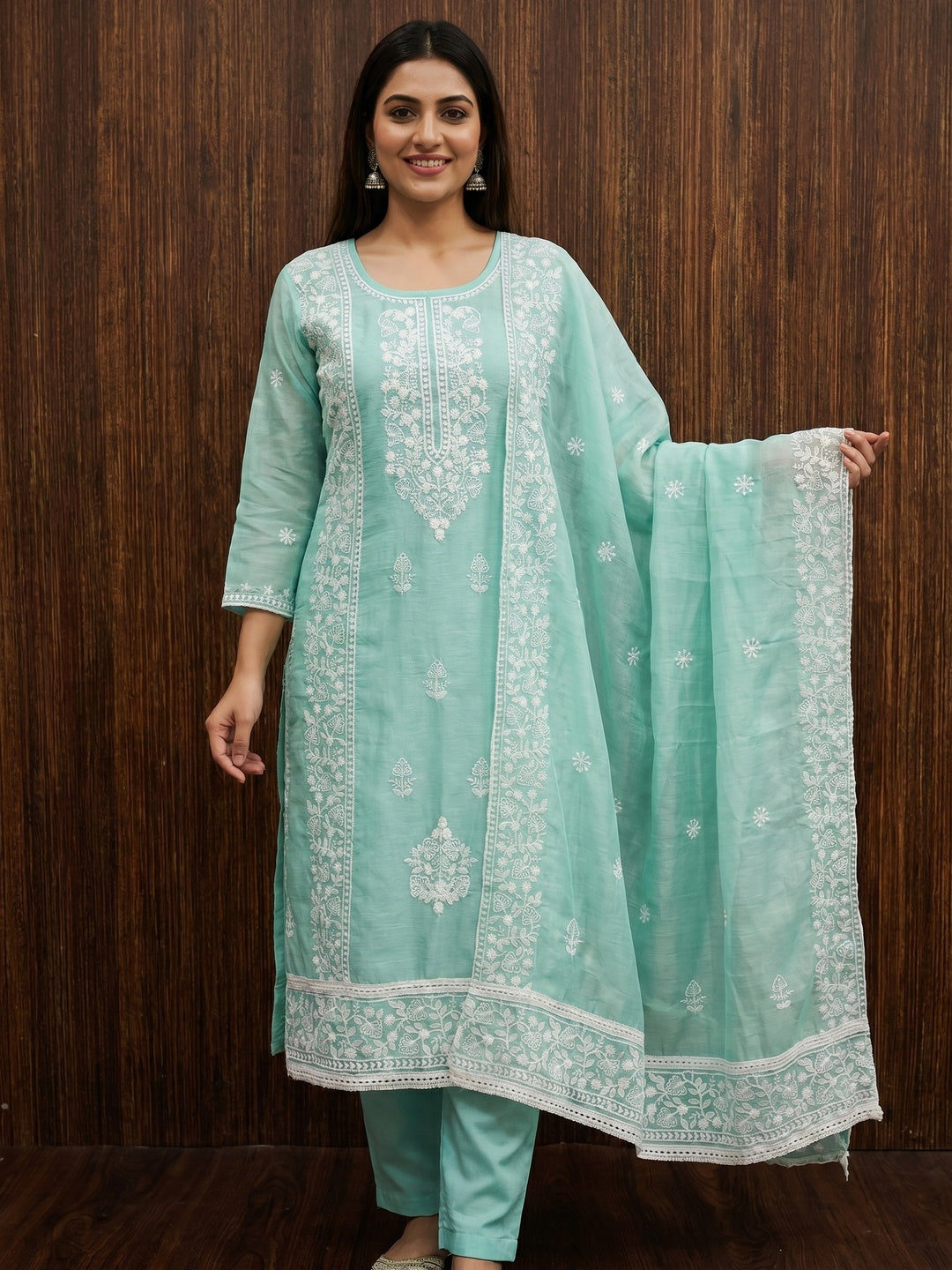 Sea Green Floral Embroidered Chanderi Dress Material - Image 1