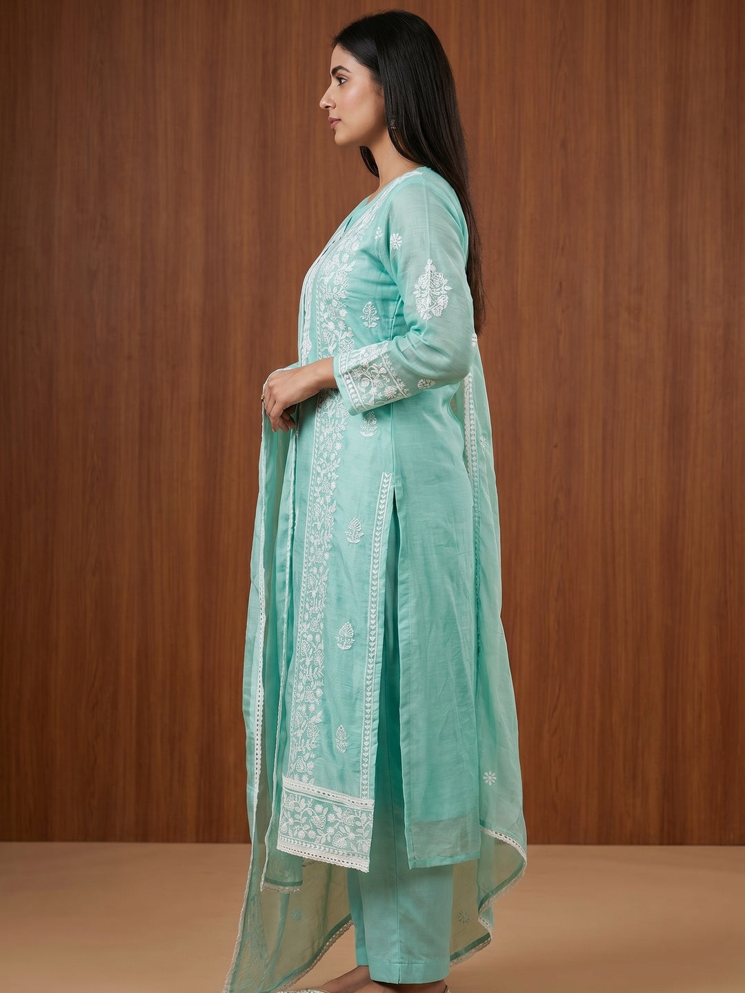 Sea Green Floral Embroidered Chanderi Dress Material - Image 2