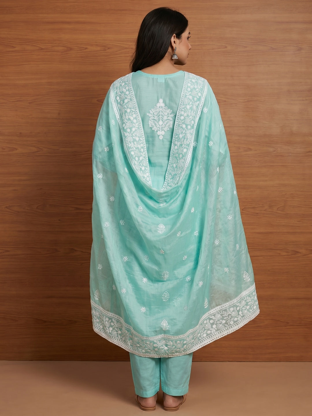 Sea Green Floral Embroidered Chanderi Dress Material - Image 3