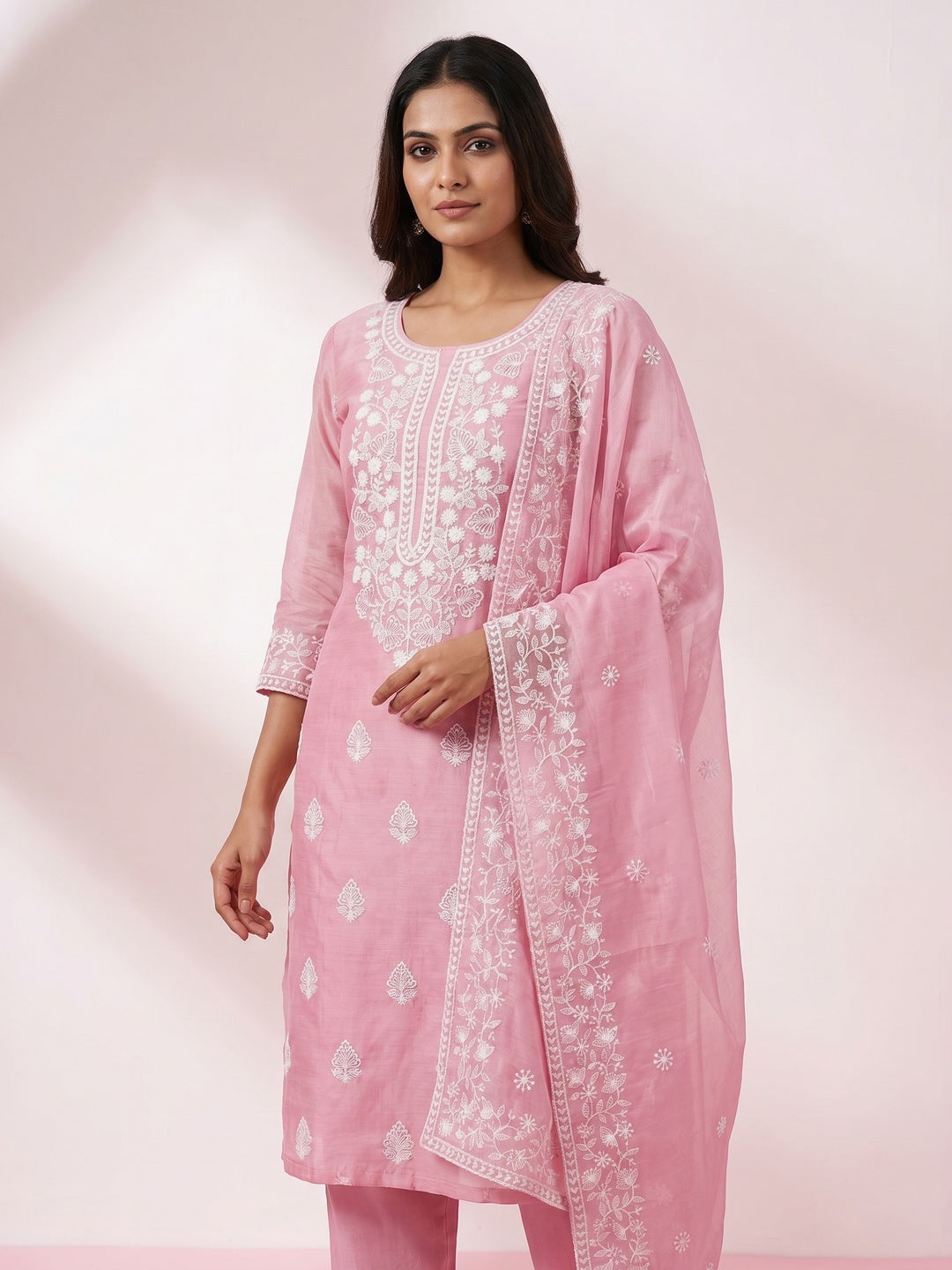 Pink Floral Embroidered Chanderi Dress Material - Image 1