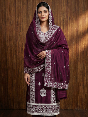 Wine Floral Embroidered Chanderi Dress Material - Image 1