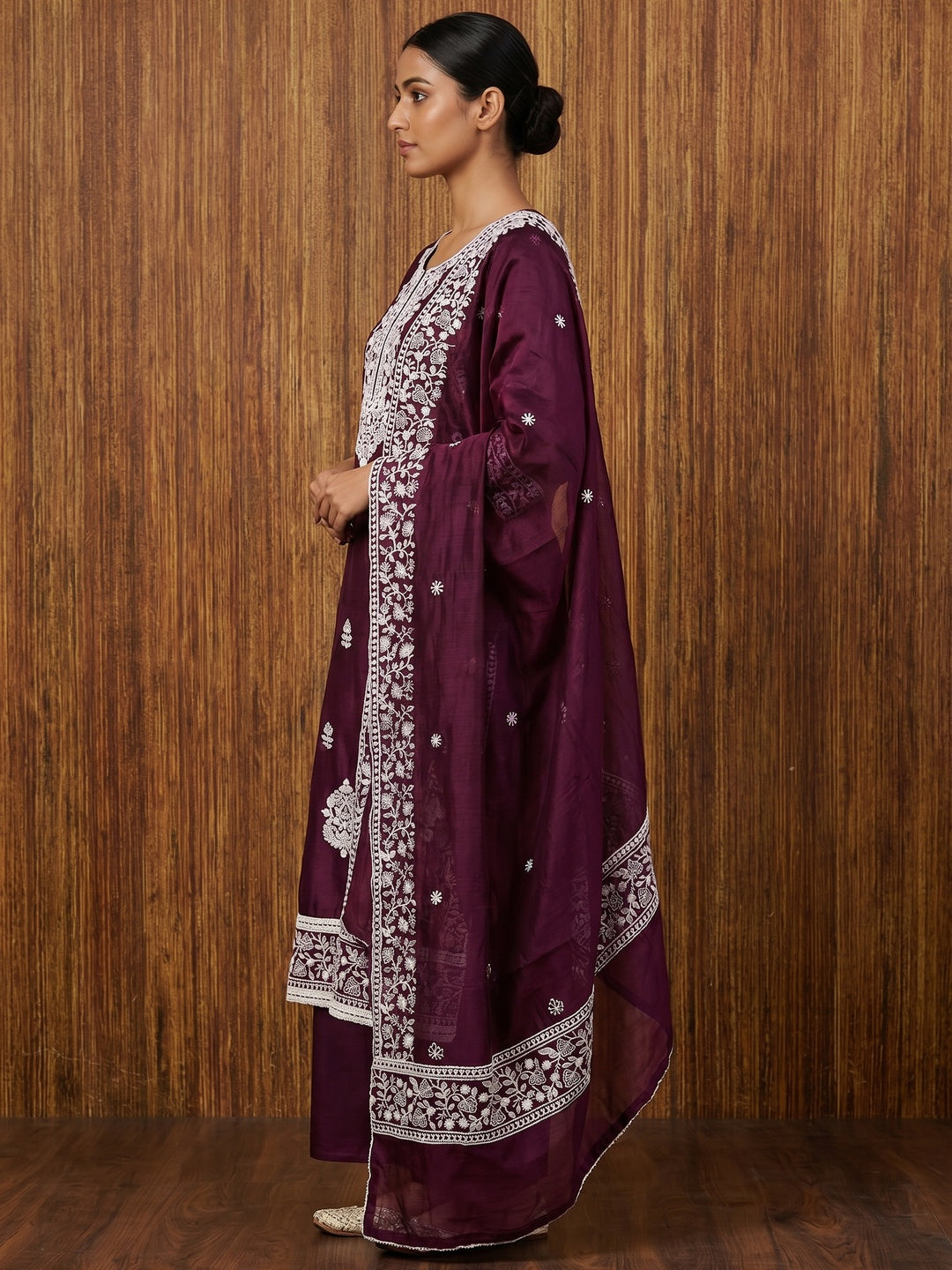 Wine Floral Embroidered Chanderi Dress Material - Image 2