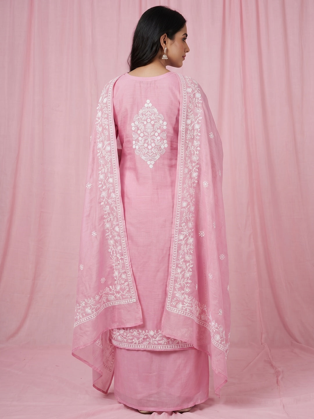 Pink Floral Embroidered Chanderi Dress Material - Image 2