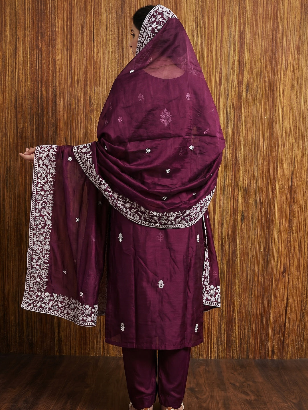 Wine Floral Embroidered Chanderi Dress Material - Image 3