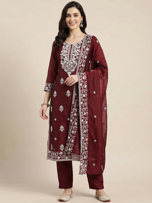 Maroon Floral Embroidered Chanderi Dress Material - Image 1