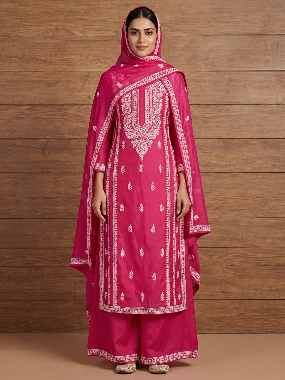 Rani Pink Floral Embroidered Chanderi Dress Material - Image 1