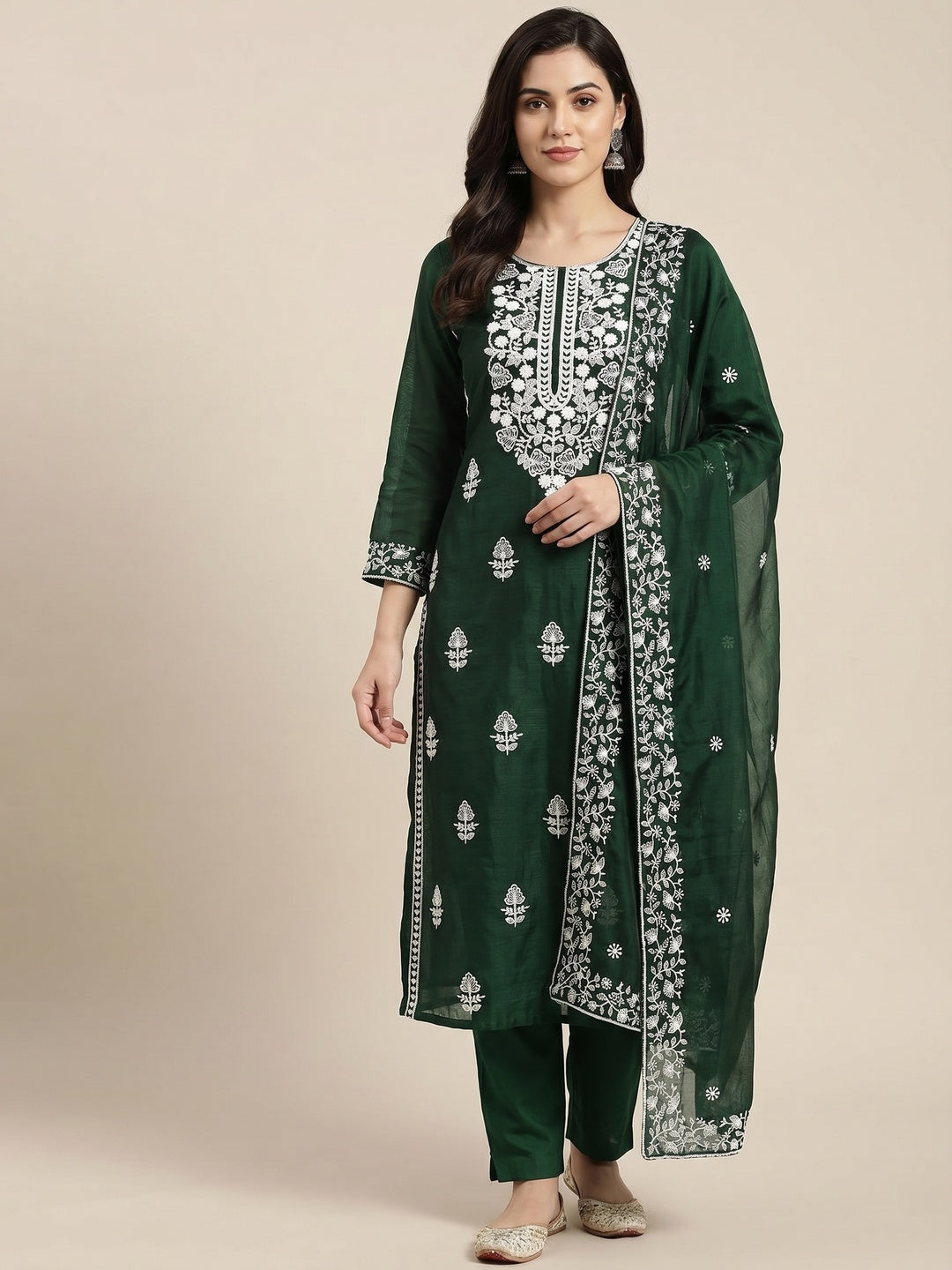 Green Floral Embroidered Chanderi Dress Material - Image 1