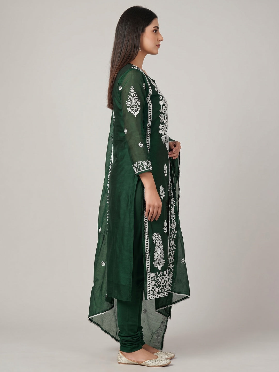 Green Floral Embroidered Chanderi Dress Material - Image 2