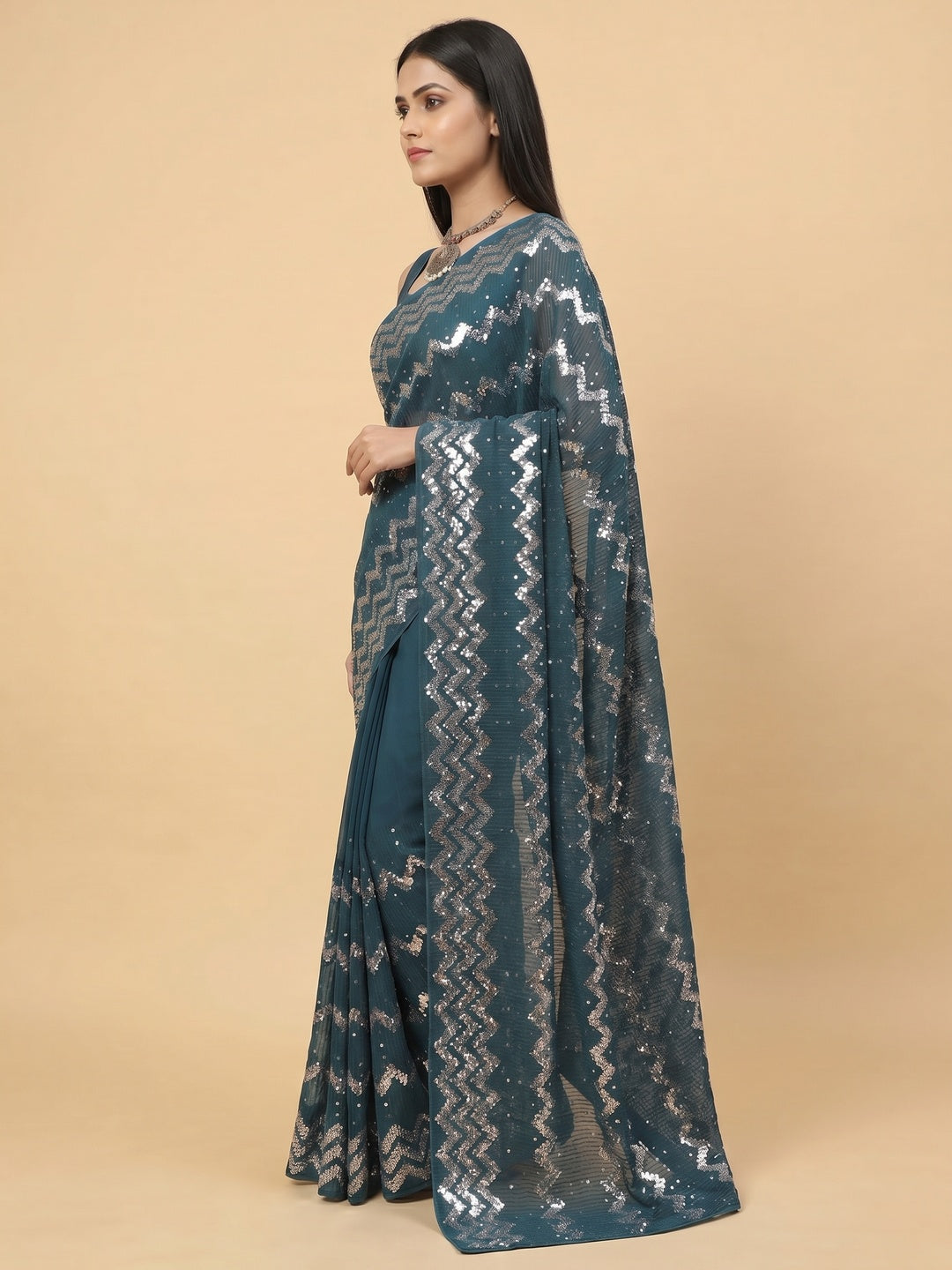 Morpich Sequins Embroidered Georgette Saree - Image 3