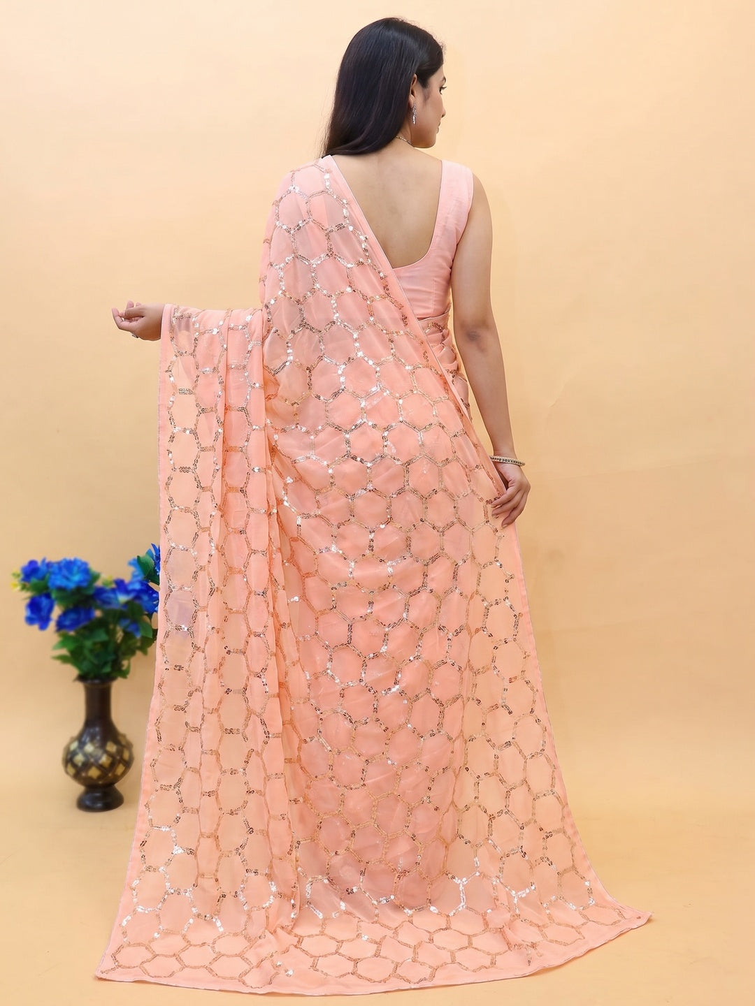 Peach Sequins Embroidered Georgette Saree - Image 3
