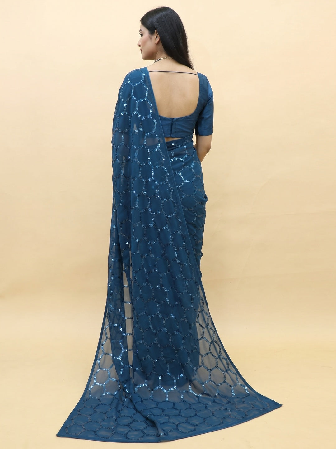 Morpich Sequins Embroidered Georgette Saree - Image 2