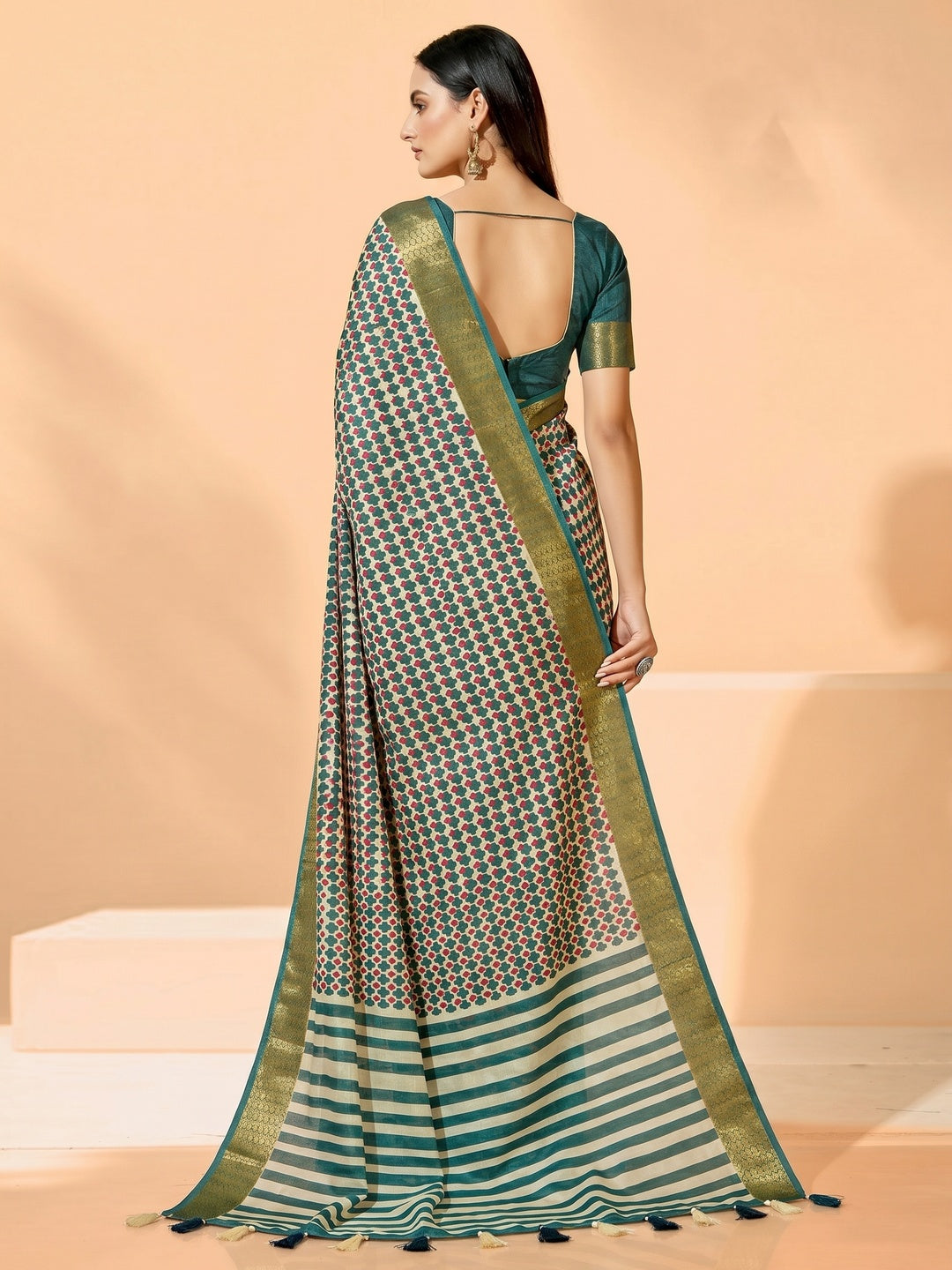 Rama Green Printed Dola Silk Saree With Tassels - Image 1