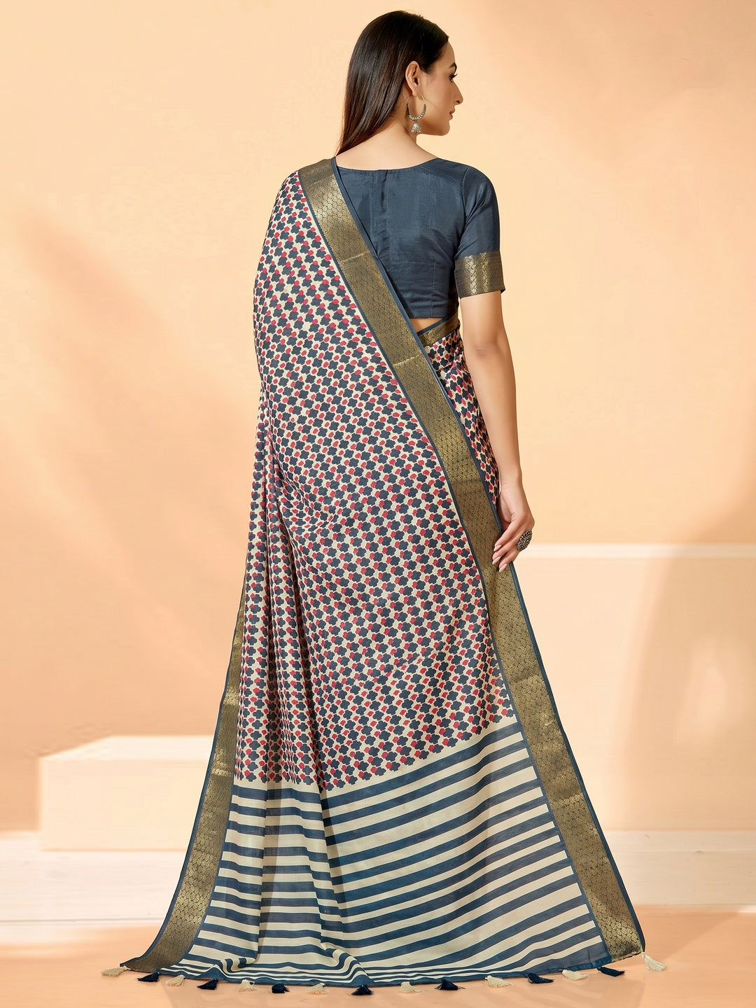 Teal Blue Printed Dola Silk Saree With Tassels - Image 1