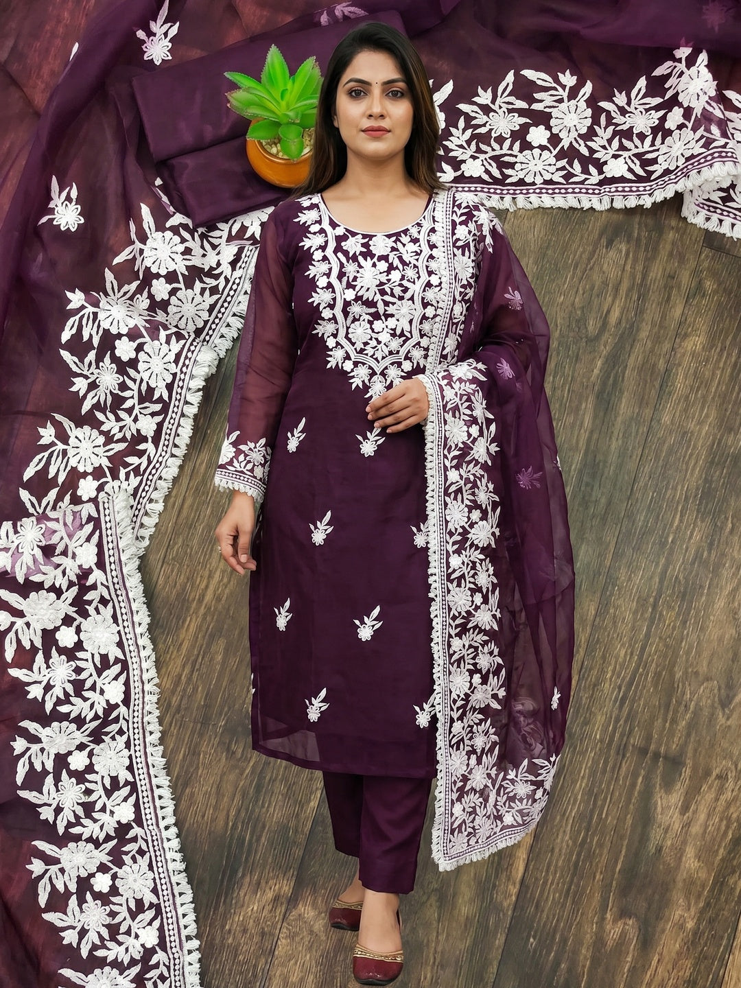 Wine Floral Embroidered Organza Dress Material - Image 1