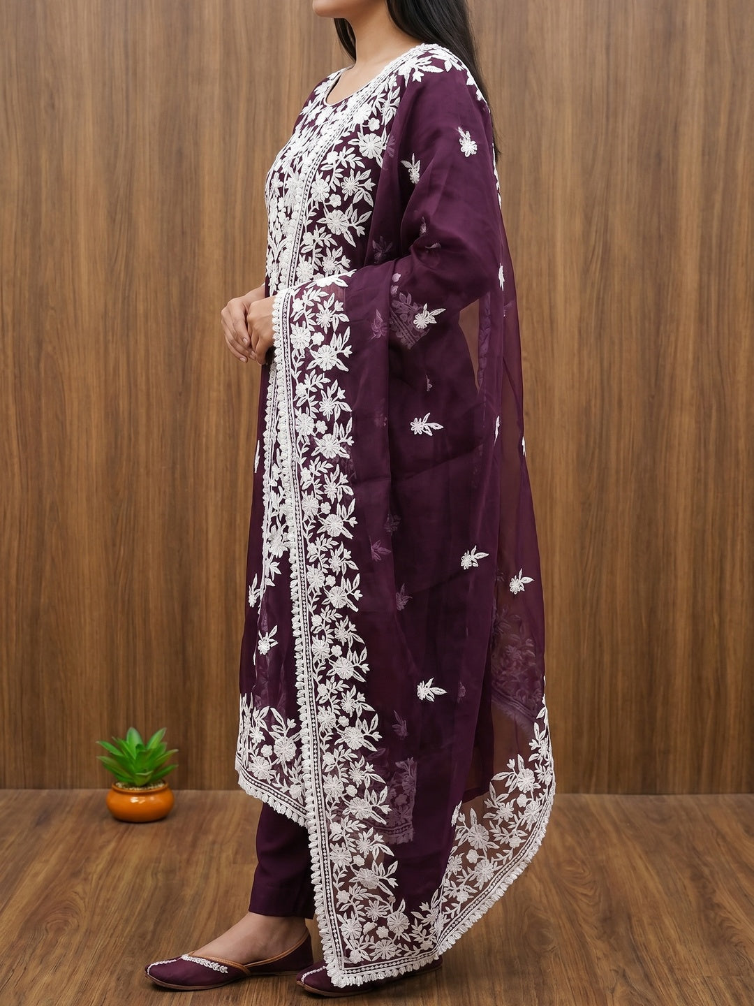 Wine Floral Embroidered Organza Dress Material - Image 2