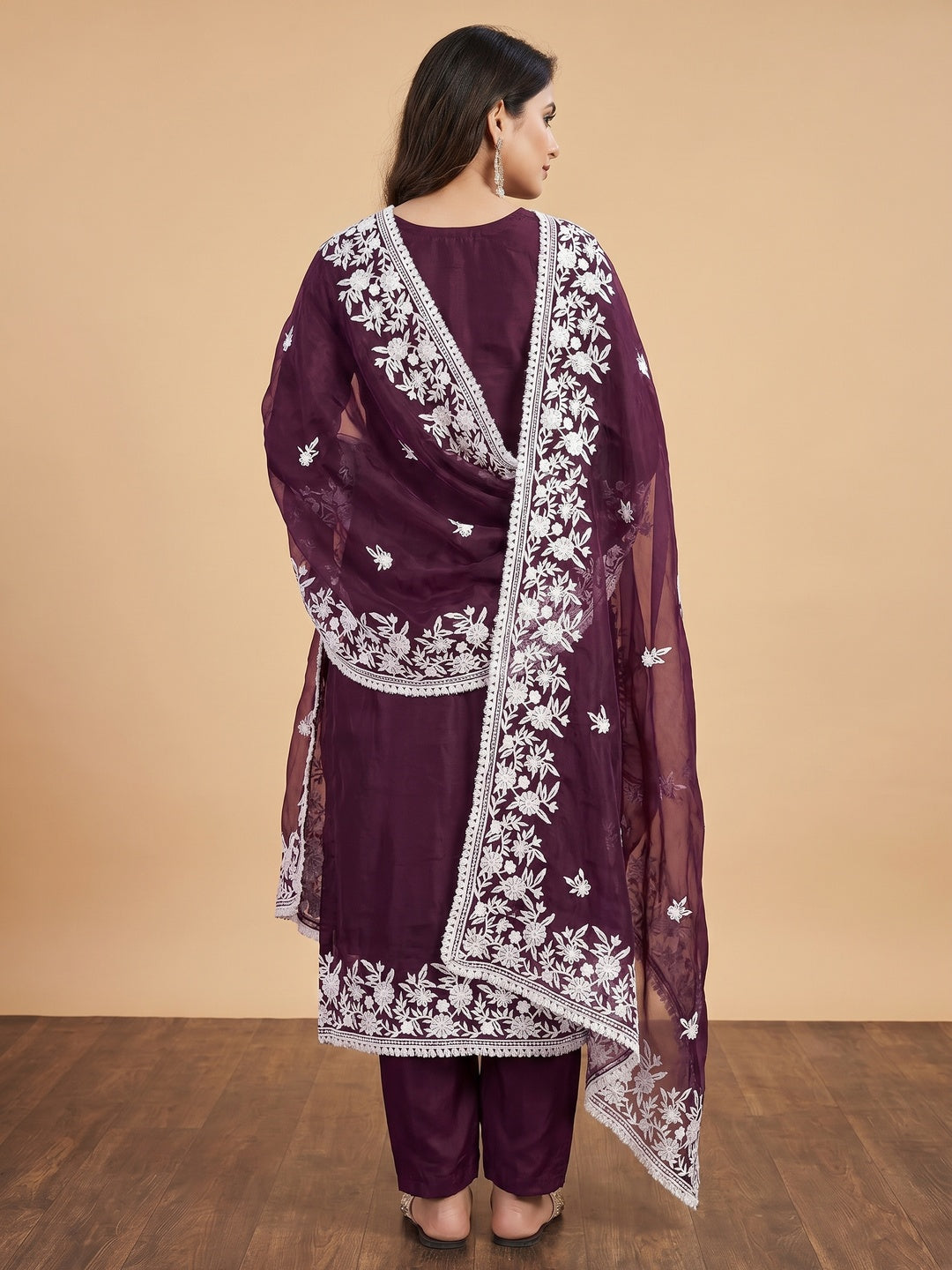 Wine Floral Embroidered Organza Dress Material - Image 3
