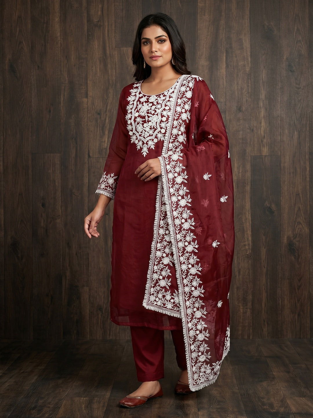 Maroon Floral Embroidered Organza Dress Material - Image 1