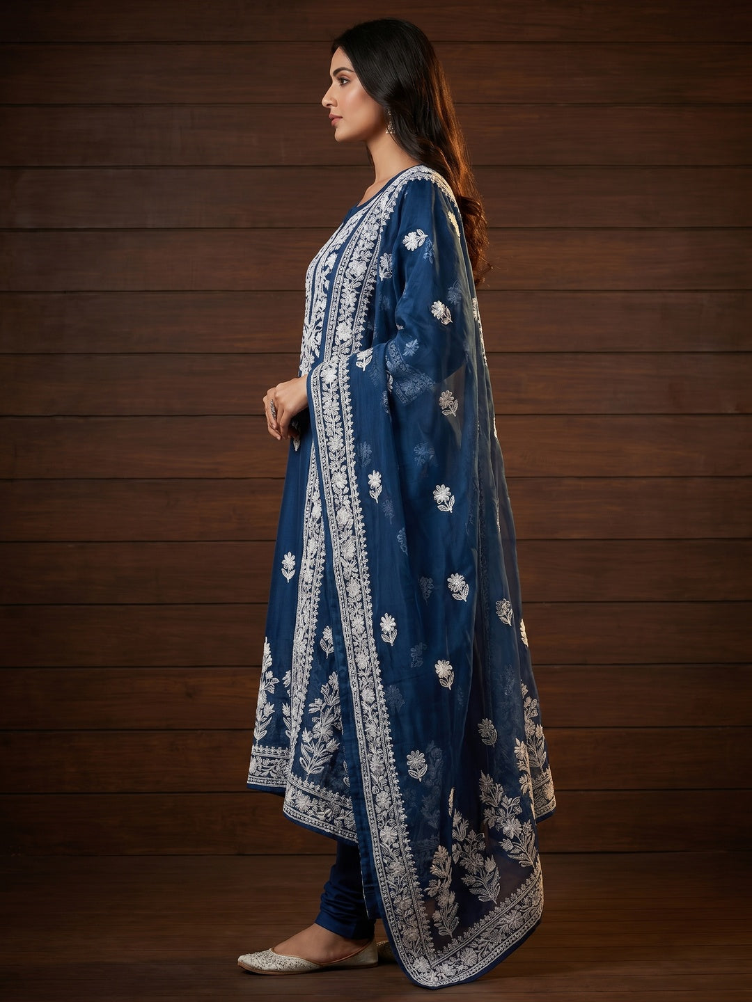 Blue Floral Embroidered Organza Dress Material - Image 3