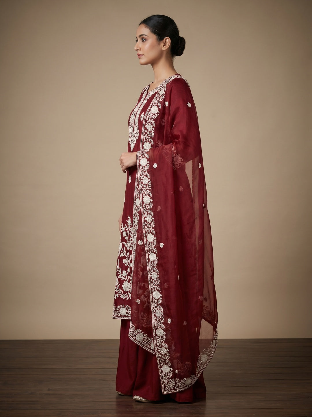 Maroon Floral Embroidered Organza Dress Material - Image 3