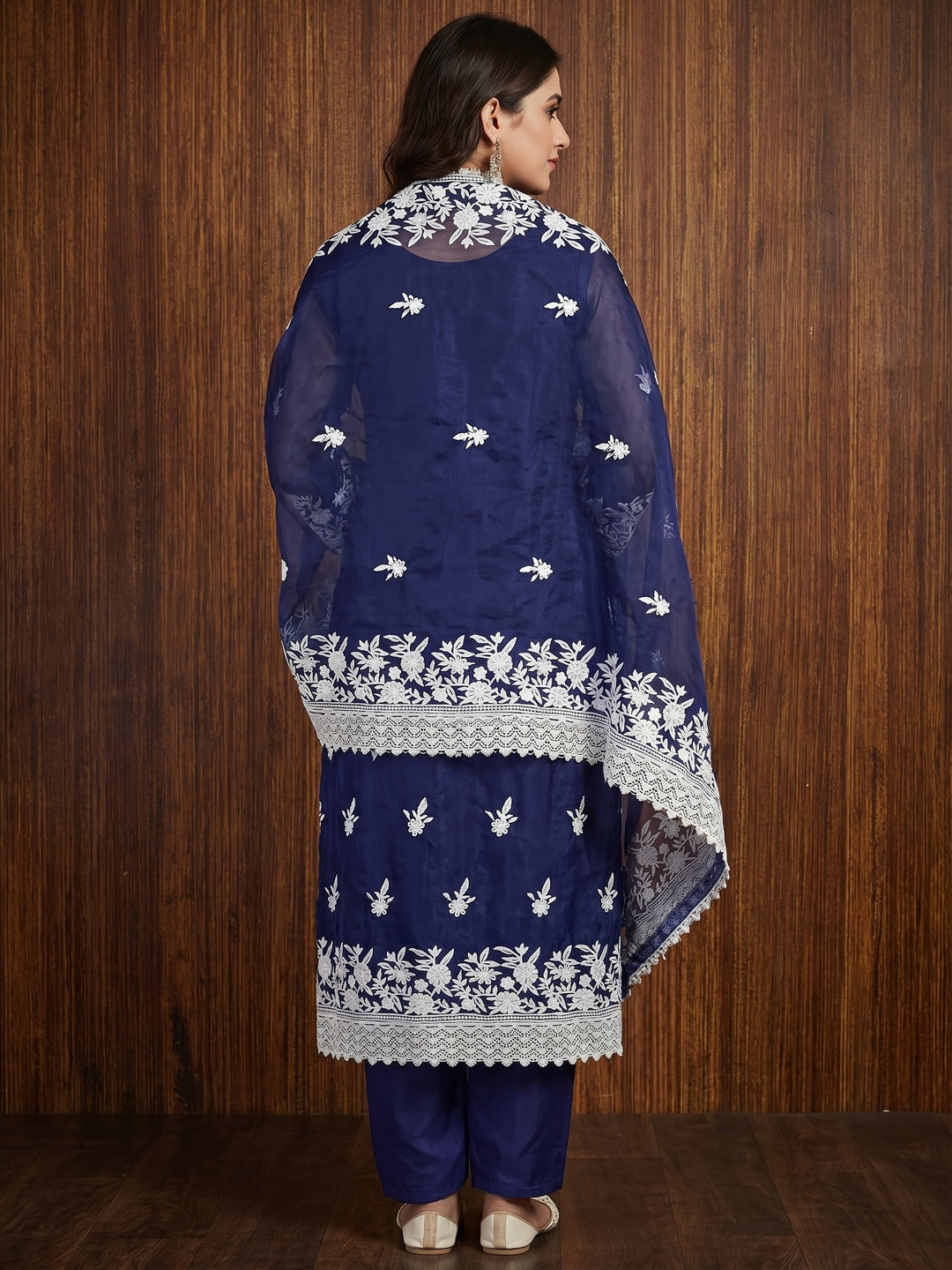 Blue Floral Embroidered Organza Dress Material - Image 2