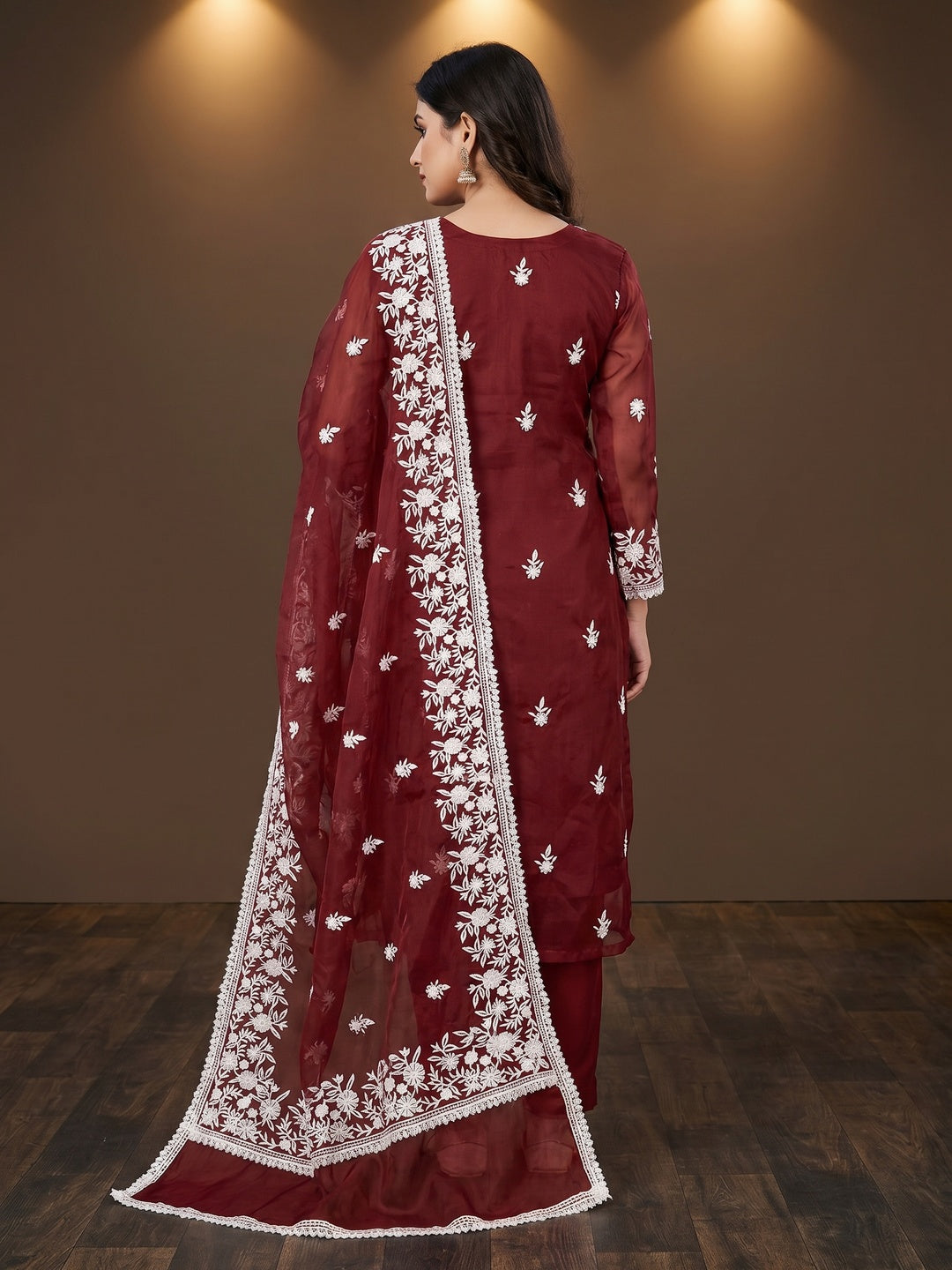 Maroon Floral Embroidered Organza Dress Material - Image 2