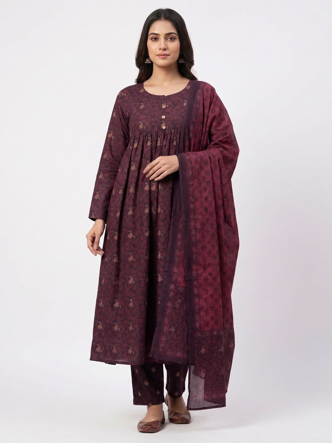 Wine Floral Printed Salwar Suit set - Image 1