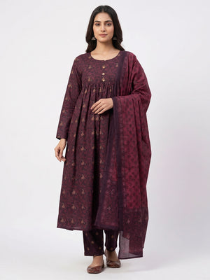 Wine Floral Printed Salwar Suit set - Image 1