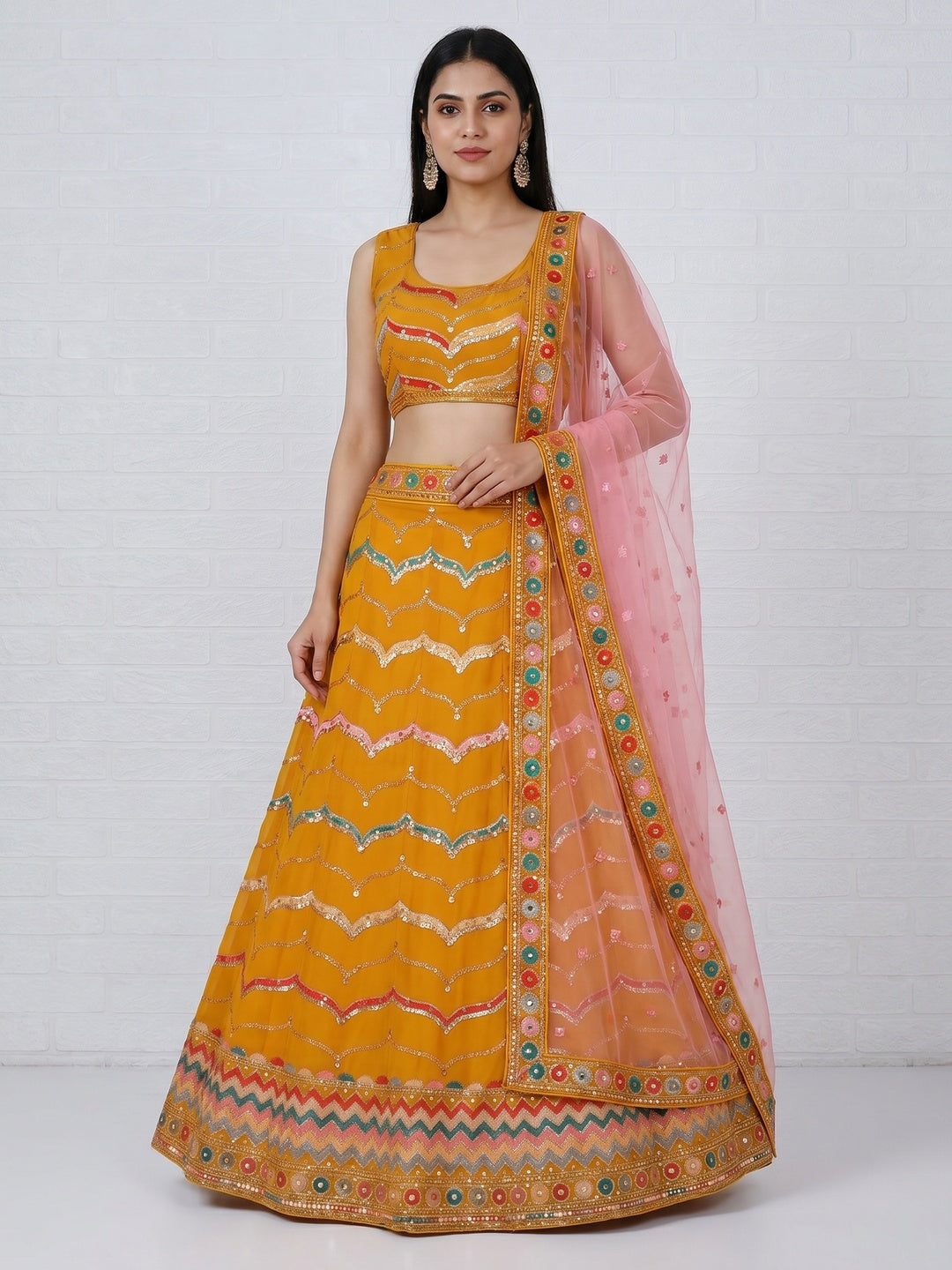 Mustard Sequins Embroidered Georgette Lehenga Choli - Image 1