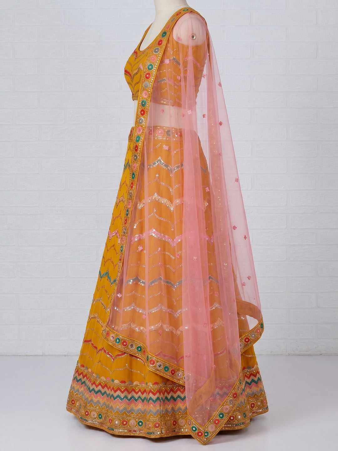 Mustard Sequins Embroidered Georgette Lehenga Choli - Image 3