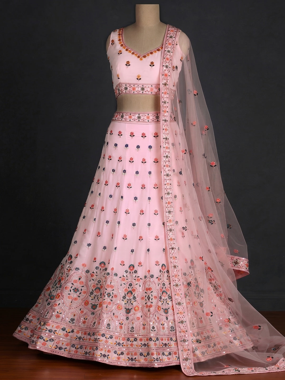 Baby Pink Sequins Embroidered Georgette Lehenga Choli - Image 1