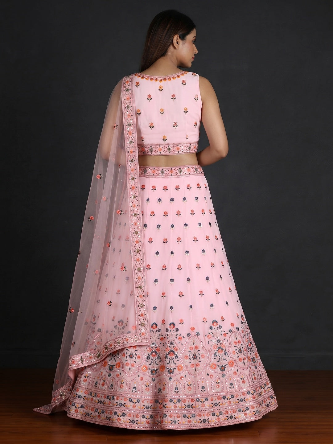 Baby Pink Sequins Embroidered Georgette Lehenga Choli - Image 3