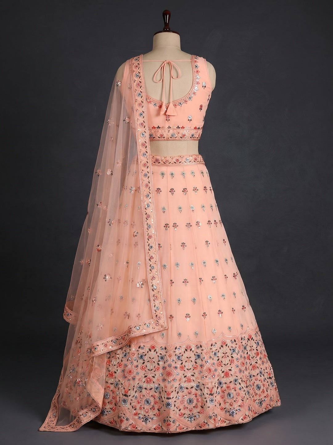 Peach Sequins Embroidered Georgette Lehenga Choli - Image 3