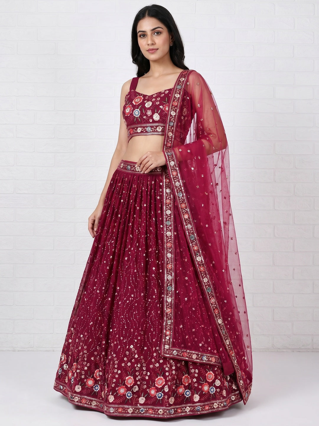 Wine Sequins Embroidered Georgette Lehenga Choli - Image 1