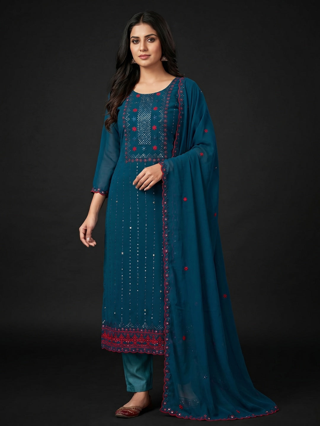 Morpich Sequins Embroidered Georgette Dress Material - Image 3