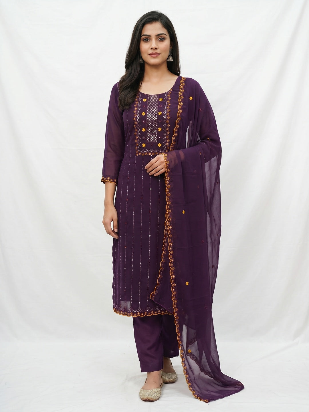 Purple Sequins Embroidered Georgette Dress Material - Image 3