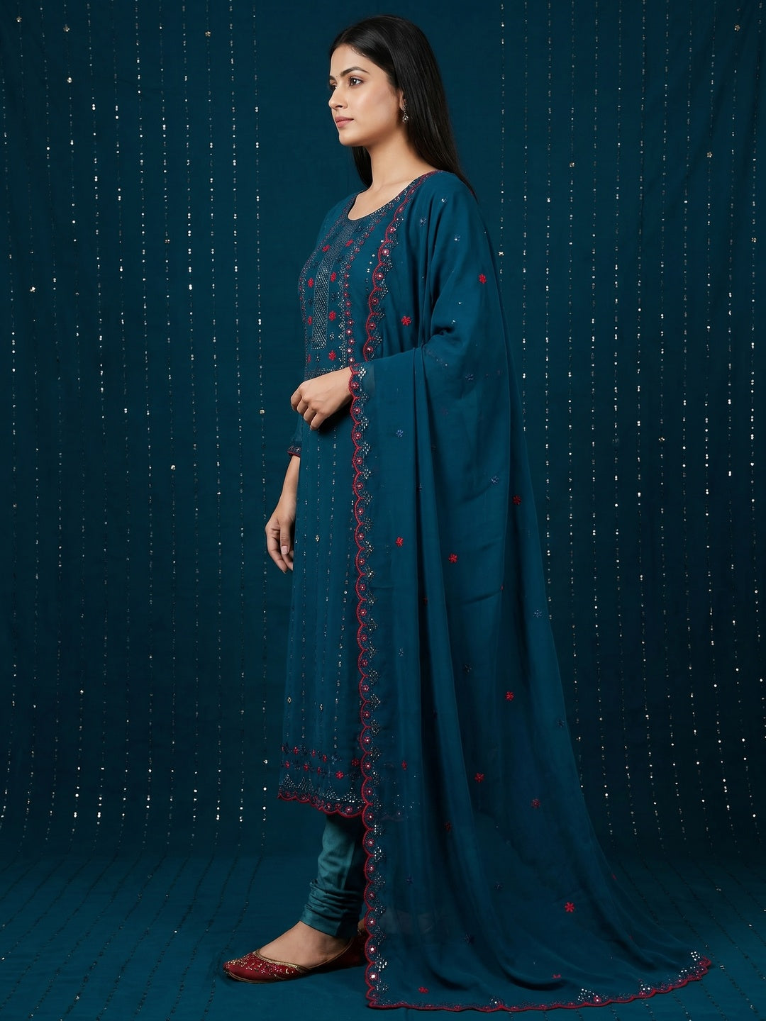 Morpich Sequins Embroidered Georgette Dress Material - Image 1
