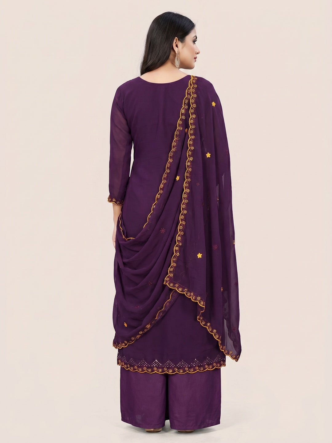 Purple Sequins Embroidered Georgette Dress Material - Image 2