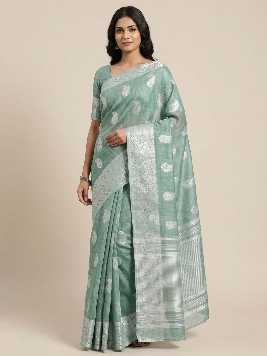 Green Woven Linen Saree - Image 1